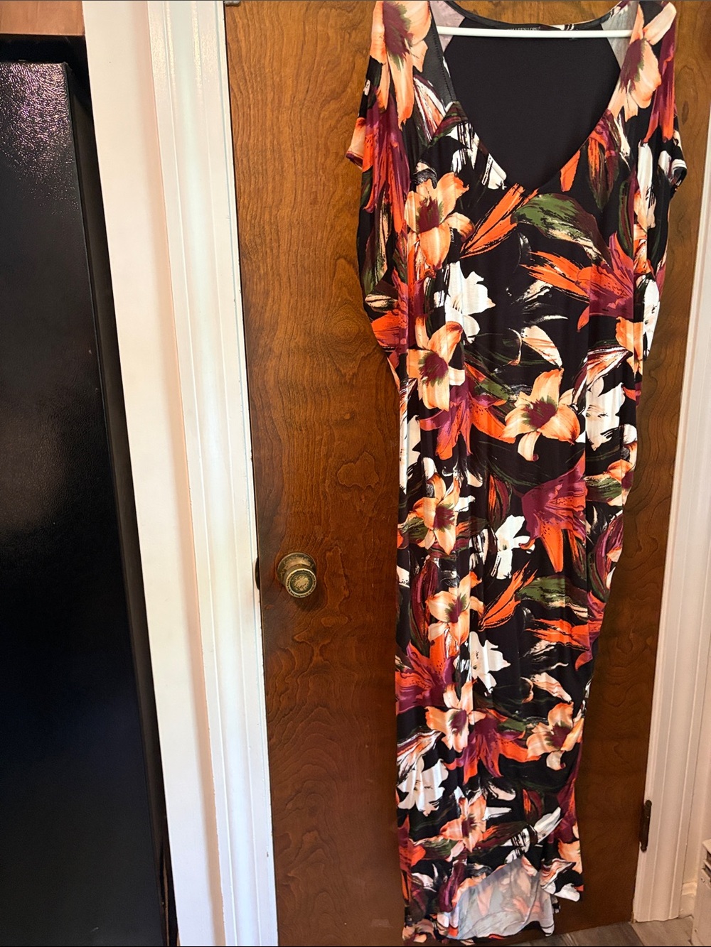 Colleen Lopez Black Floral Maxi Dress with Orange, White and Green Accents